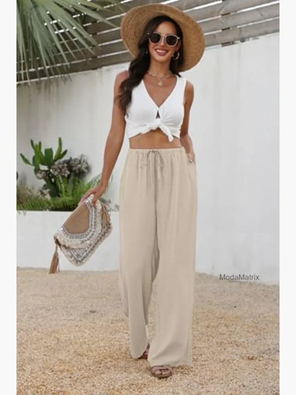 Wide Leg Palazzo Pants Drawstring Elastic Waist with Pockets Flowy Summer - Picture 3 of 7